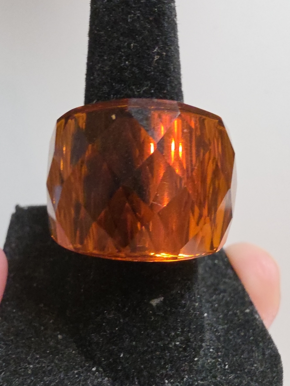 EdForce Stainless Steel Cognac Faceted Lucite Wide Band Cocktail Ring